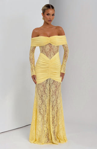L.F Sauline Maxi Dress Stretch Jersey Lace Body-Hugging Lemon
