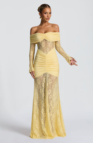L.F Sauline Maxi Dress Stretch Jersey Lace Body-Hugging Lemon