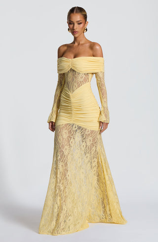 L.F Sauline Maxi Dress Stretch Jersey Lace Body-Hugging Lemon