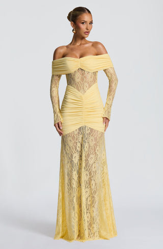 L.F Sauline Maxi Dress Stretch Jersey Lace Body-Hugging Lemon