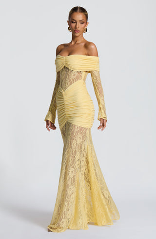 L.F Sauline Maxi Dress Stretch Jersey Lace Body-Hugging Lemon