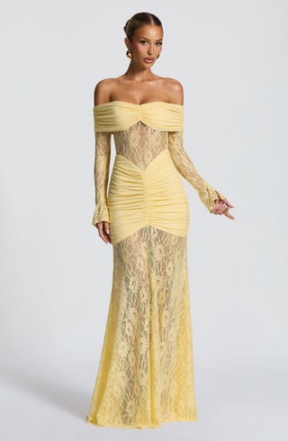 L.F Sauline Maxi Dress Stretch Jersey Lace Body-Hugging Lemon