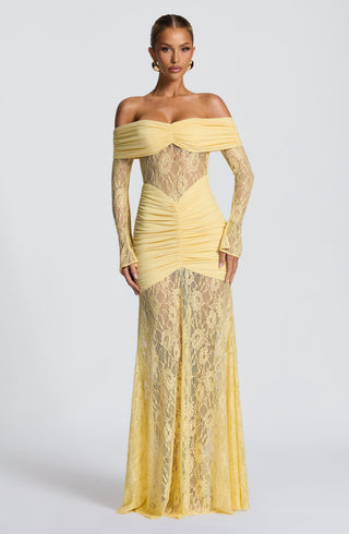L.F Sauline Maxi Dress Stretch Jersey Lace Body-Hugging Lemon
