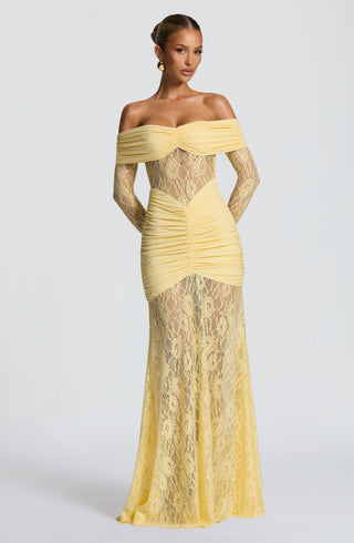L.F Sauline Maxi Dress Stretch Jersey Lace Body-Hugging Lemon
