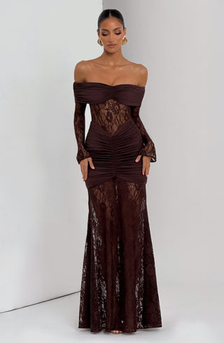 L.F Sauline Maxi Dress Stretch Jersey Floral Lace Plum Brown