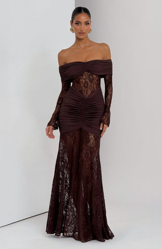 L.F Sauline Maxi Dress Stretch Jersey Floral Lace Plum Brown