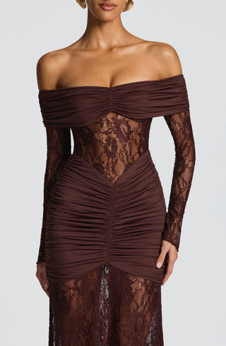 L.F Sauline Maxi Dress Stretch Jersey Floral Lace Plum Brown