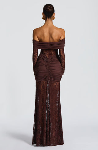 L.F Sauline Maxi Dress Stretch Jersey Floral Lace Plum Brown