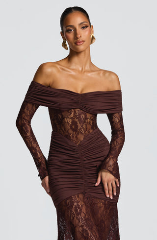 L.F Sauline Maxi Dress Stretch Jersey Floral Lace Plum Brown