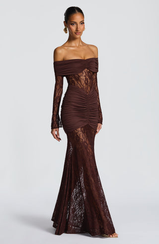 L.F Sauline Maxi Dress Stretch Jersey Floral Lace Plum Brown