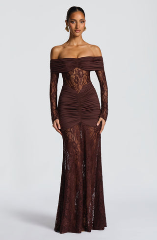 L.F Sauline Maxi Dress Stretch Jersey Floral Lace Plum Brown