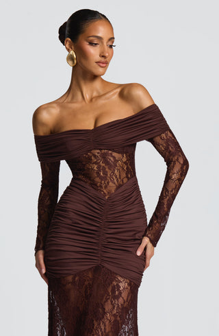 L.F Sauline Maxi Dress Stretch Jersey Floral Lace Plum Brown