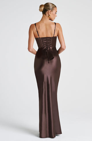 M.T Shae Maxi Dress Corset Bodice Non-Stretch Satin Plum Brown