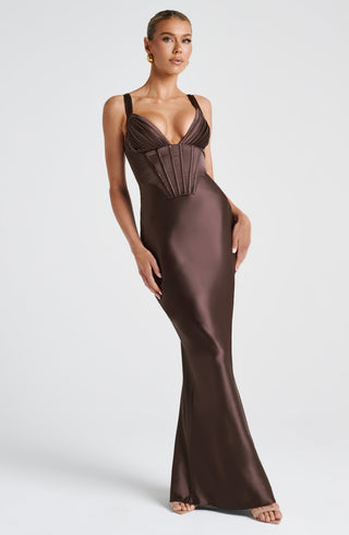 M.T Shae Maxi Dress Corset Bodice Non-Stretch Satin Plum Brown