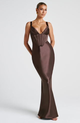 M.T Shae Maxi Dress Corset Bodice Non-Stretch Satin Plum Brown
