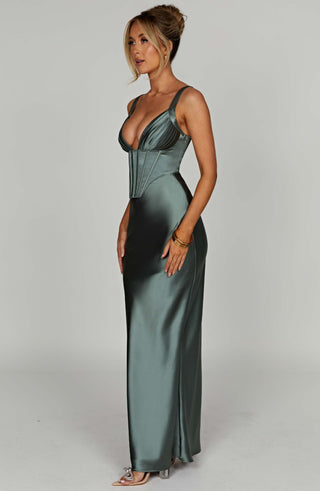 M.T Shae Maxi Dress Bias Cut Satin Corset Bodice Sage