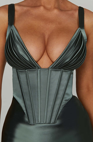 M.T Shae Maxi Dress Bias Cut Satin Corset Bodice Sage