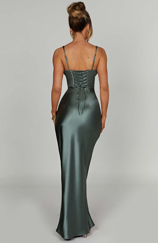 M.T Shae Maxi Dress Bias Cut Satin Corset Bodice Sage