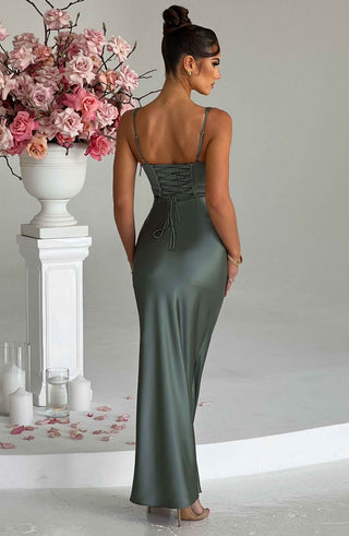 M.T Shae Maxi Dress Bias Cut Satin Corset Bodice Sage