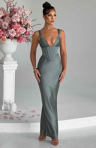 M.T Shae Maxi Dress Bias Cut Satin Corset Bodice Sage
