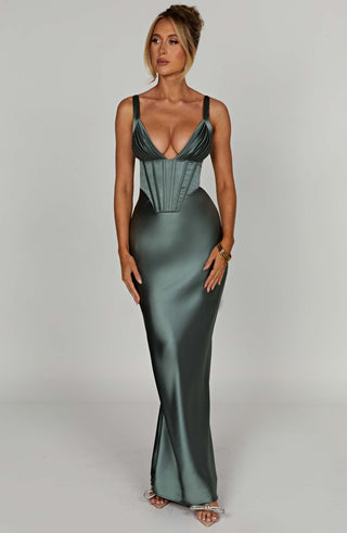 M.T Shae Maxi Dress Bias Cut Satin Corset Bodice Sage