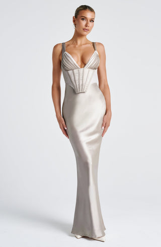 M.T Shae Maxi Dress Satin Corset Pleated Cups Lace-Up Shell