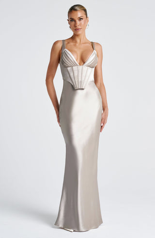 M.T Shae Maxi Dress Satin Corset Pleated Cups Lace-Up Shell