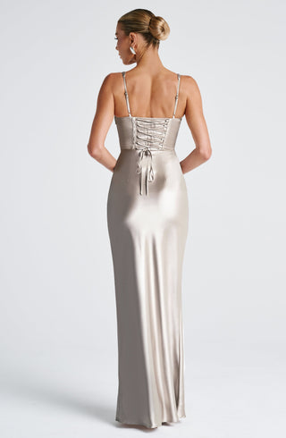 M.T Shae Maxi Dress Satin Corset Pleated Cups Lace-Up Shell