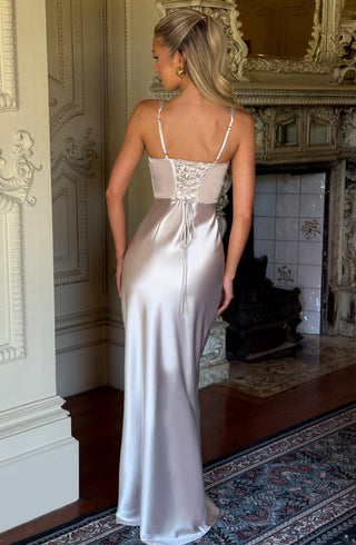 M.T Shae Maxi Dress Satin Corset Pleated Cups Lace-Up Shell