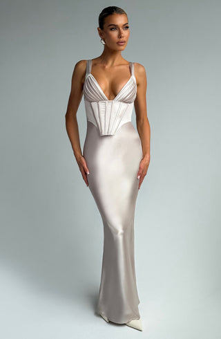 M.T Shae Maxi Dress Satin Corset Pleated Cups Lace-Up Shell
