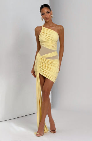 DIA Shazia Mini Dress One-Shoulder Sheer Mesh Lemon