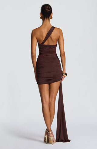 DIA Shazia Mini Dress One-Shoulder Stretch Slinky Mesh Plum Brown
