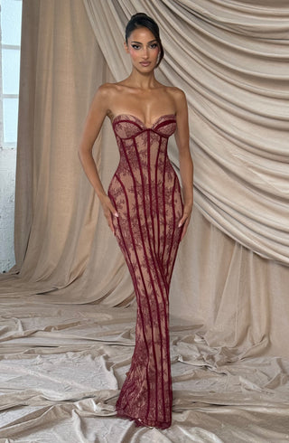 T.X Sian Maxi Dress Burgundy Floral Lace Strapless