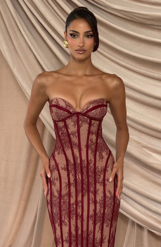 T.X Sian Maxi Dress Burgundy Floral Lace Strapless