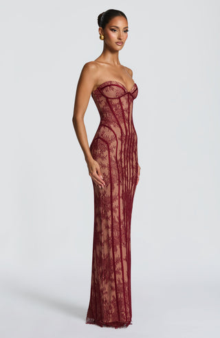 T.X Sian Maxi Dress Burgundy Floral Lace Strapless