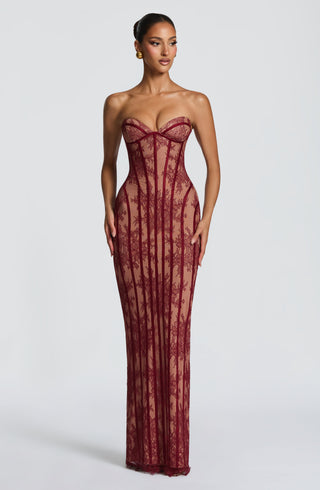 T.X Sian Maxi Dress Burgundy Floral Lace Strapless