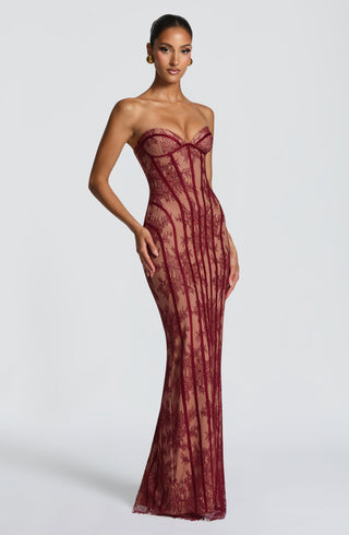 T.X Sian Maxi Dress Burgundy Floral Lace Strapless