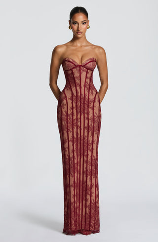 T.X Sian Maxi Dress Burgundy Floral Lace Strapless