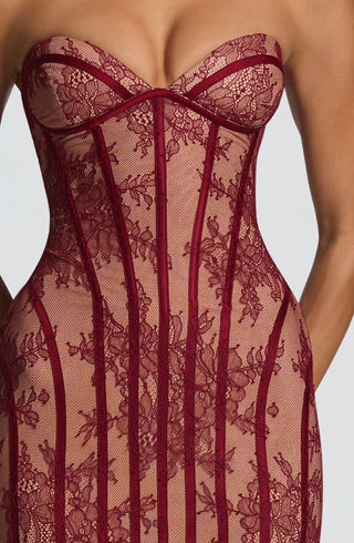 T.X Sian Maxi Dress Burgundy Floral Lace Strapless