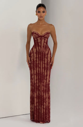 T.X Sian Maxi Dress Burgundy Floral Lace Strapless