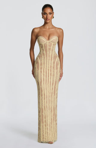 T.X Sian Maxi Dress Floral Lace Strapless Sweetheart Lemon