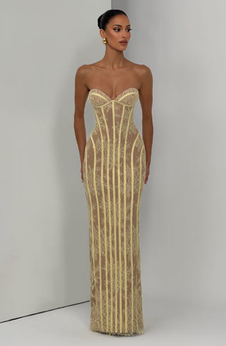 T.X Sian Maxi Dress Floral Lace Strapless Sweetheart Lemon