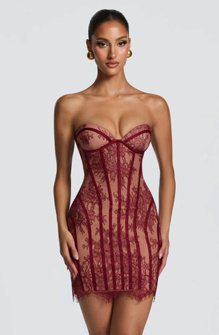 T.X Sian Mini Dress Floral Lace Strapless Burgundy
