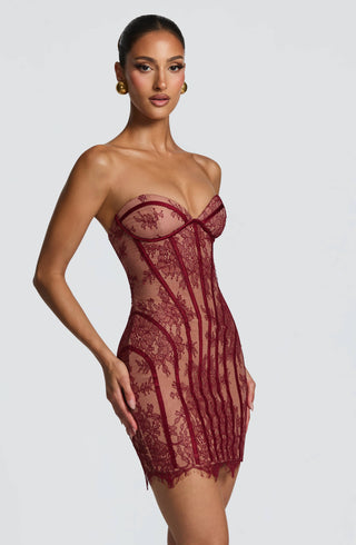 T.X Sian Mini Dress Floral Lace Strapless Burgundy