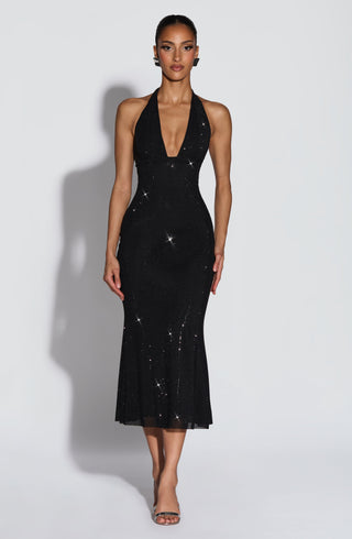 T.X Sonora Midi Dress Embellished Mesh Plunge Neckline Black