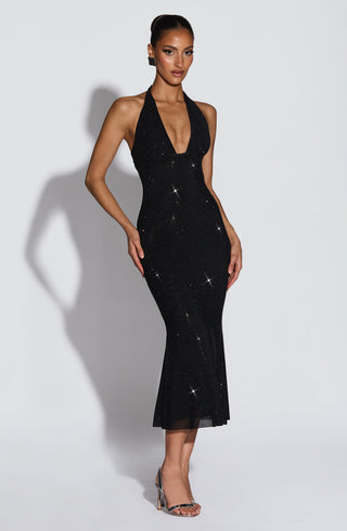 T.X Sonora Midi Dress Embellished Mesh Plunge Neckline Black