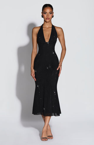 T.X Sonora Midi Dress Embellished Mesh Plunge Neckline Black