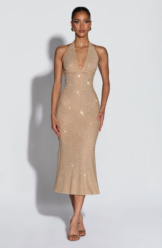 T.X Sonora Midi Dress Embellished With 39,000 Rhinestones Gold