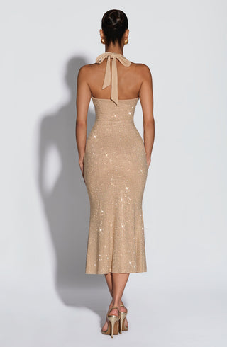 T.X Sonora Midi Dress Embellished With 39,000 Rhinestones Gold