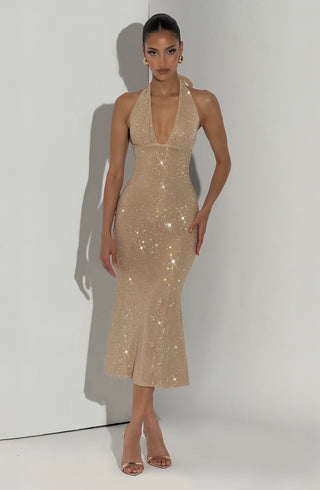 T.X Sonora Midi Dress Embellished With 39,000 Rhinestones Gold